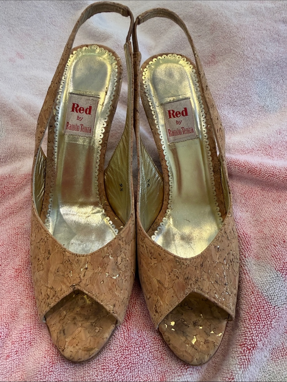 Ramon Tenza Cork Peep-Toe Slingback Heels with Gold Interior 9.5